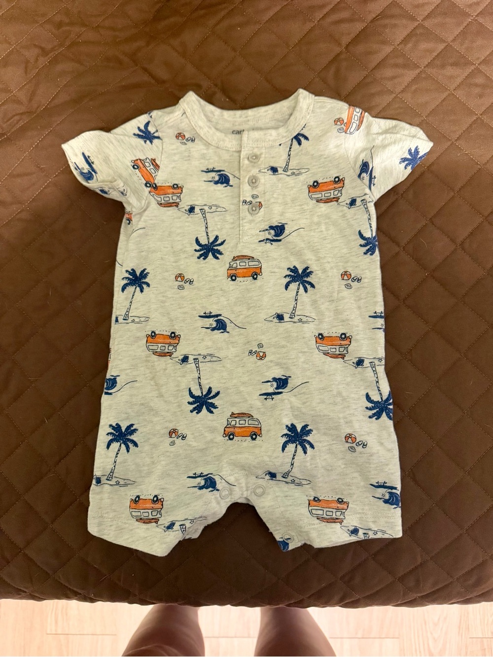 Baby Short Sleeve One-Piece Romper in Heather Gray with Blue & Orange Surf Print